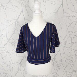 Japna Navy Gold Stripe Flutter Sleeve Tie Waist Cropped Top